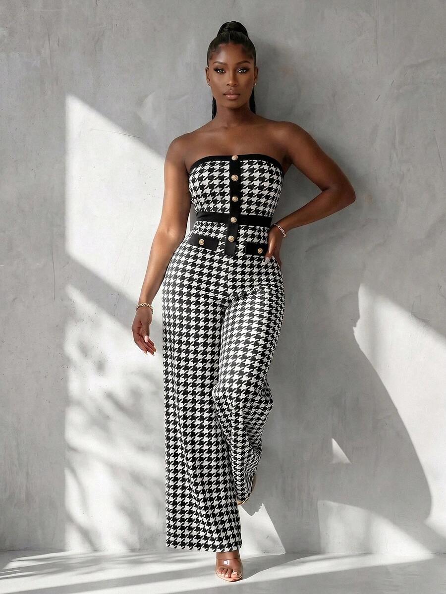 BamGlimmer Women Houndstooth Print Bandeau Jumpsuit