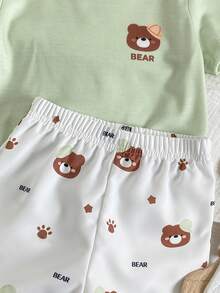 SHEIN Playful Pals 2件組男嬰夏季卡通熊印花上衣與短褲套裝，休閒外出套裝 - 綠色 - 查看 7