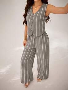 SHEIN PETITE 女款夏季休閒條紋背心與長褲兩件套 - 棕色 - 查看 4