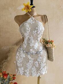 Soleia Plus Size Women's 3D Ring Decor Sequin Halter Tie Dress - Apricot - View 3