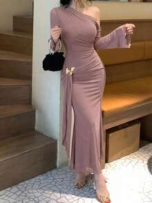 DAZY Elegant Solid Color Asymmetric Ruched Butterfly Decor Fishtail Midi Dress For Women, Autumn Sundress - Pink - View 8