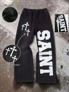 Kids Tween Boy Fashion Casual Y2k Vintage Cool Street Letter Cross Pattern Design Black Loose Jeans - Black - View 3