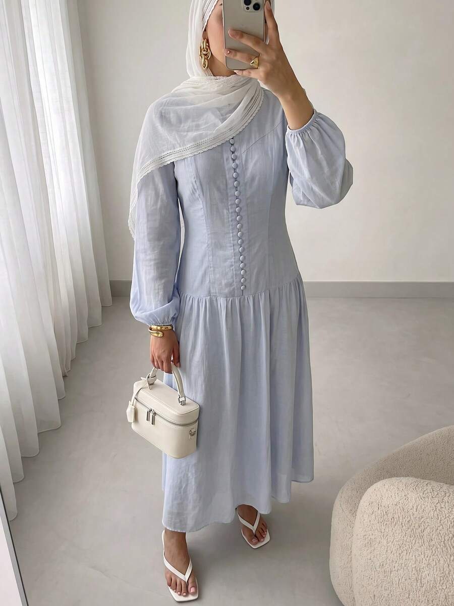 Solavon Women's Solid Color Lantern Sleeve Button Design Elegant Long Dress - Blue - View 1