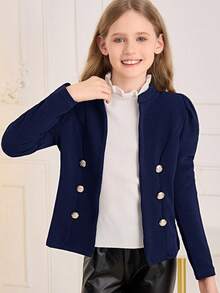 SHEIN Tween Girl Open Front Elegant Bishop Sleeve Jacket,In Fall/Winter - Navy Blue - View 2