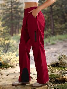 Exploreva Celana Hiking Wanita Warna Polos Pinggang Tinggi Saku Potongan Lurus - Burgundy - View 3