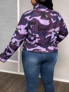 Slaydiva Chaqueta de Talla Grande con Estampado de Camuflaje y Cordón en el Bajo para Uso Diario - Morado - Ver 2