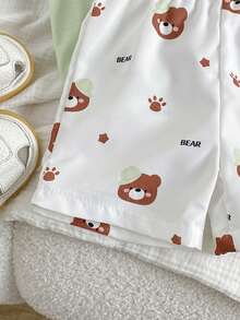 SHEIN Playful Pals 2件組男嬰夏季卡通熊印花上衣與短褲套裝，休閒外出套裝 - 綠色 - 查看 8
