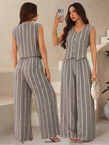 SHEIN PETITE 女款夏季休閒條紋背心與長褲兩件套 - 棕色 - 查看 1