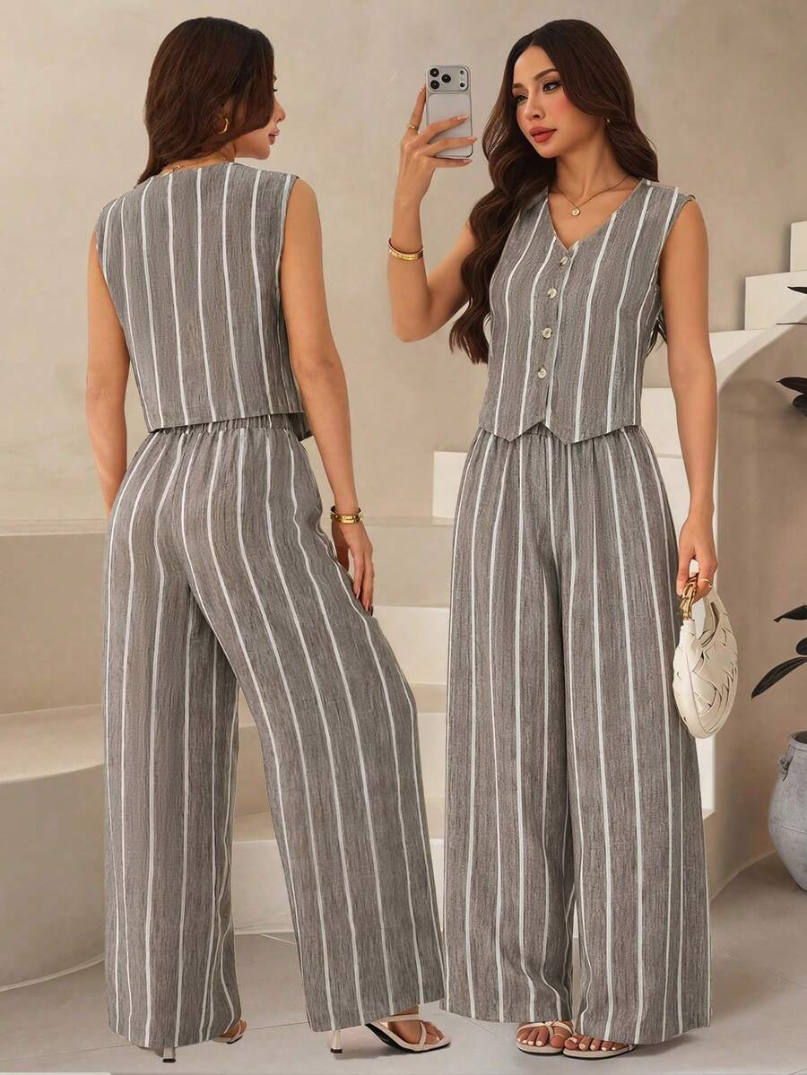 SHEIN PETITE 女款夏季休閒條紋背心與長褲兩件套 - 棕色 - 查看 1