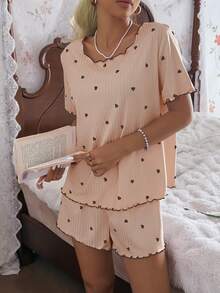 CottageSlumber Khaki Small Heart Ribbed Knit Loose Fit Short Sleeve Shorts Pajama Set For Women - Khaki - View 1