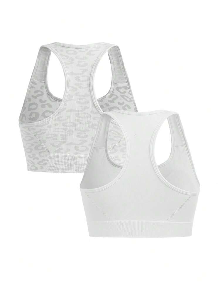 SHEIN Cheerettes 2 paquetes de sujetadores deportivos sin costuras con espalda de corredor para mujer, malla blanca con almohadillas desmontables, estampado sólido y de leopardo para gimnasio y yoga - Blanco - Añade 14