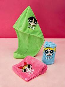 THE POWERPUFF GIRLS X POKOJA LAND 1件可愛刺繡飛天女警乾髮帽，珊瑚絨吸水快乾不掉毛乾髮巾，家用洗髮頭巾，適用於日常居家、學生宿舍、商務出差 - 彩色 - 查看 7