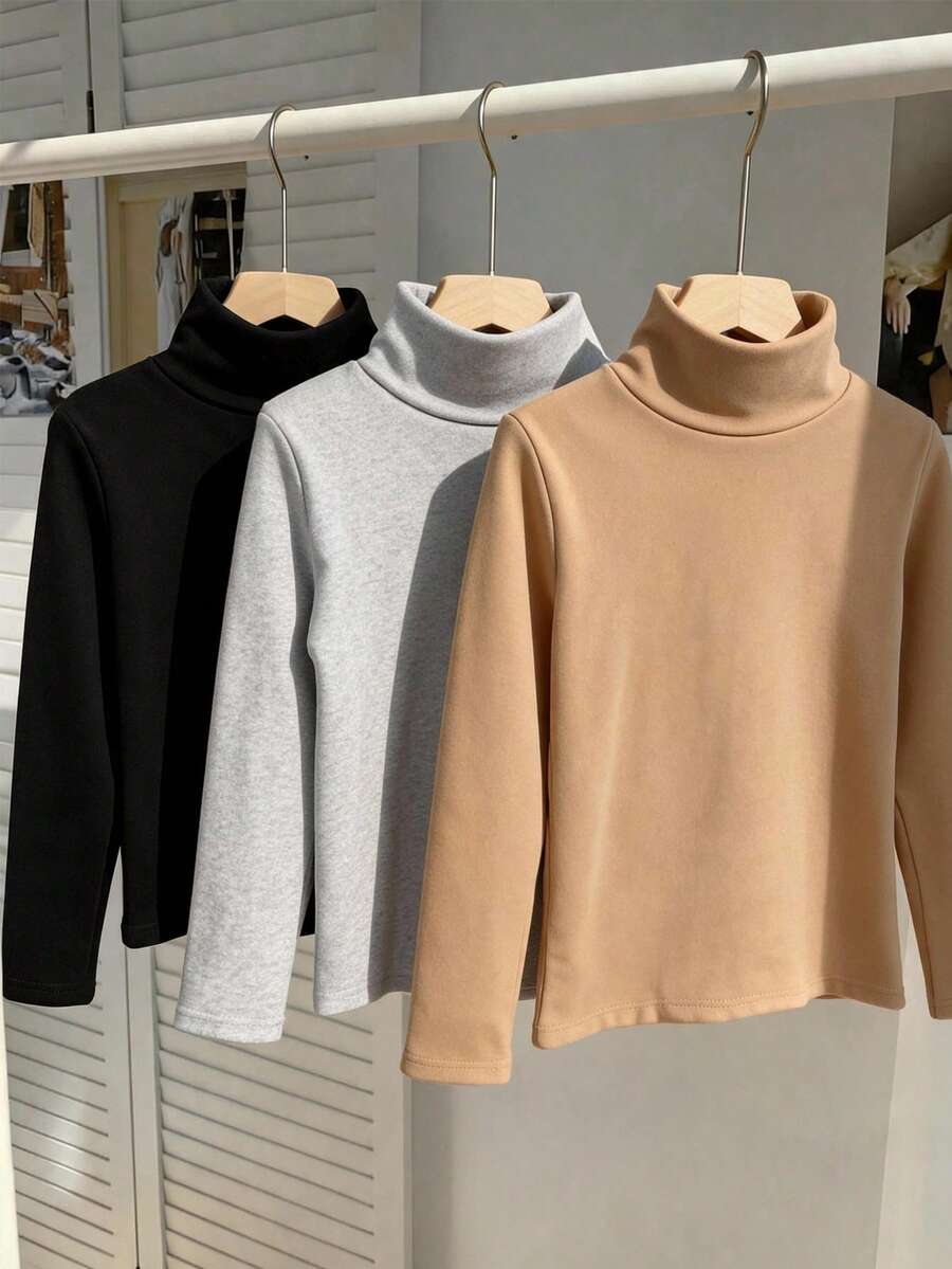 SHEIN 青少年女孩高領長袖休閒素色修身日常層搭基礎上衣返校季 - 彩色 - 查看 1