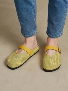 Solecia Women Shoes Woven Linen Closed Toe Single Buckle Flat Bottom Comfortable Leisure Vacation Wind Yellow Ladies Slouchy Shoes Travel Daily Wear - Yellow - View 6