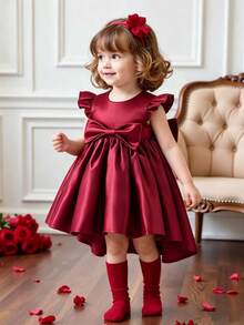 SHEIN Glamorique Kids Infant Girl Wedding Flower Girl Dress, Burgundy Glossy Fabric, 3D Bow Back, Train, Baby Girl Dress, 1st Birthday Dress Autumn Winter - Burgundy - View 2
