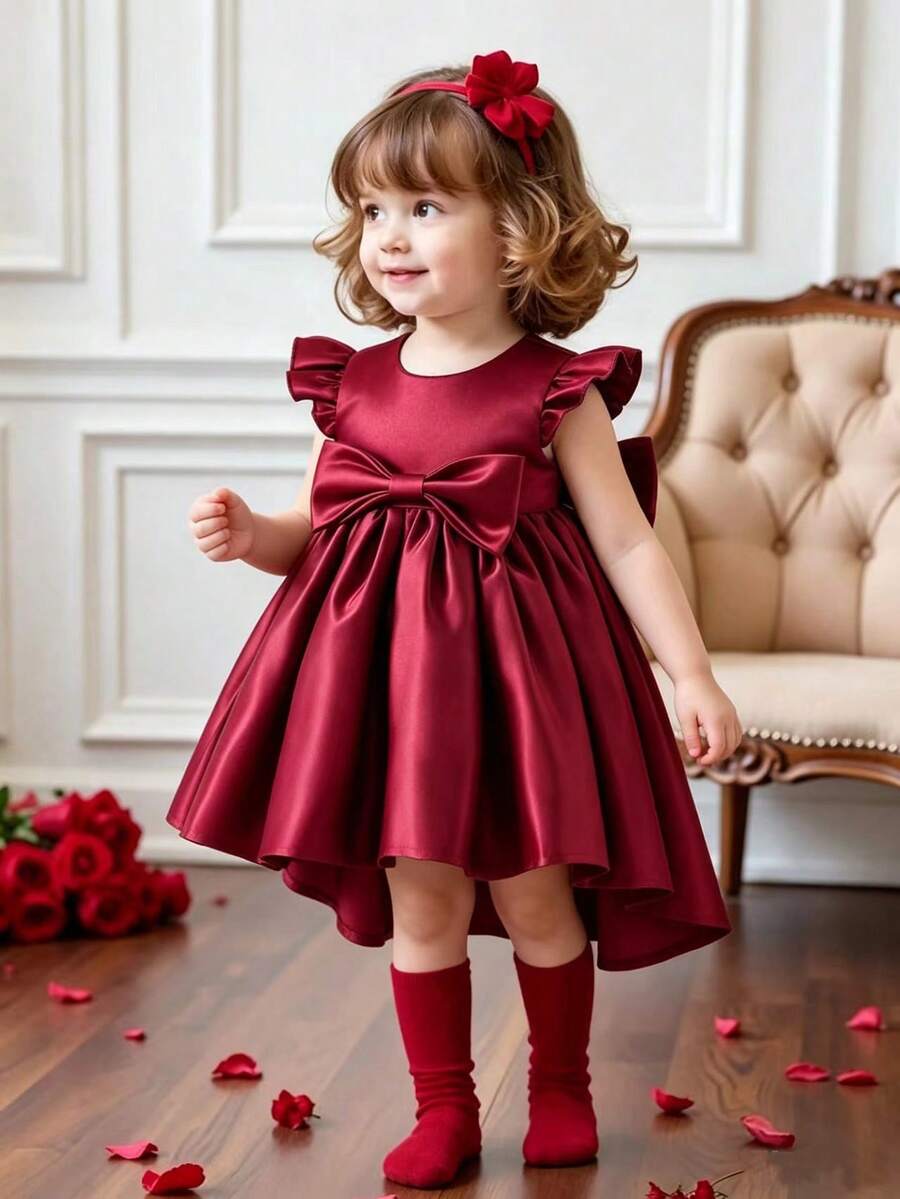 SHEIN Glamorique Kids Infant Girl Wedding Flower Girl Dress, Burgundy Glossy Fabric, 3D Bow Back, Train, Baby Girl Dress, 1st Birthday Dress Autumn Winter
