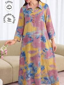 Yasmyna 領口前開扣棉質印花多色長版襯衫，適合秋季度假 - 彩色 - 查看 3