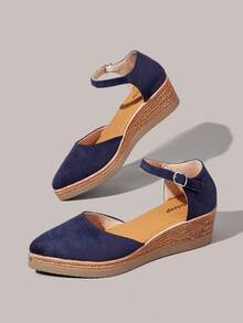 Styleloop Bohemian Straw Hemp Rope Wedge Heel Pointed Toe Sandals Retro Platform Button High Heel Roman Women's Sandals Summer - dark blue - View 6