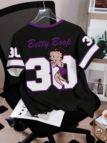 Betty Boop x SHEIN 女款字母與愛心印花圓領短袖休閒T恤 - 白色 - 查看 2