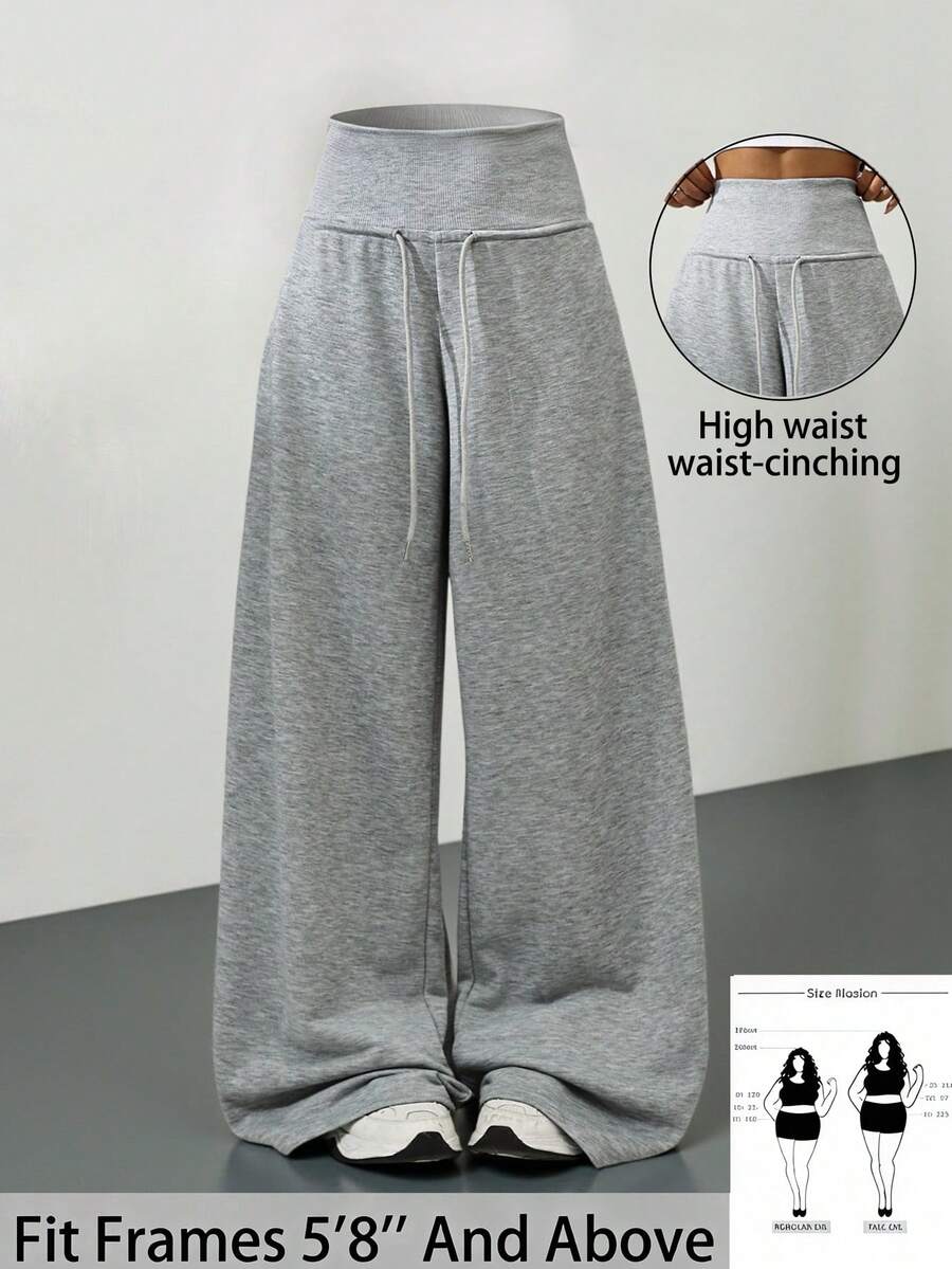 SHEIN Tall CURVE 大码高腰灰色针织抓绒抽绳宽松运动裤,适合冬季毕业季、返校季、毕业典礼、教师装等场合。秋季返校季女士阔腿运动裤,灰色宽松舒适裤 - 灰色 - 查看 1