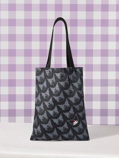 HELLO KITTY AND FRIENDS | SHEIN Black Tote Bag With Gray Character Print, Casual Canvas Shoulder Bag