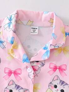 SHEIN 粉色仙女 2 件套少女睡衣套裝，可愛卡通貓蝴蝶結印花翻領短袖鈕扣開襟家居服，家庭套裝度假款 - 粉色 - 查看 4