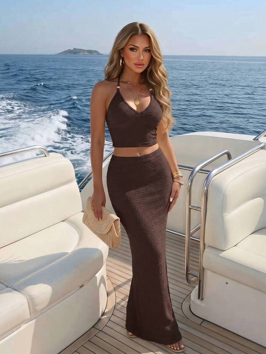 Sunnyshic Women's Summer Knit Jacquard Beaded Decor Deep V Halter Tank Top And Mermaid Skirt Casual Sexy Tropical 2 Pieces Set Vacation Dark Brown - Coffee Brown - View 1