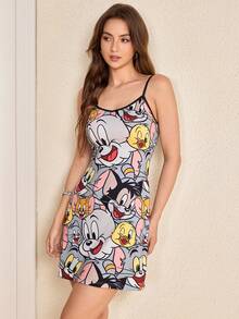 TOM & JERRY X SHEIN Women's Cute Fashionable Cartoon Print Spaghetti Strap Dress - Multicolor - View 4