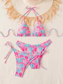 SHEIN Swim 2025夏季海灘度假女款純色掛脖綁背上衣 + 打結三角比基尼上衣 + 褲頭 3件套 嬰兒粉 熱帶性感 - 彩色 - 查看 3