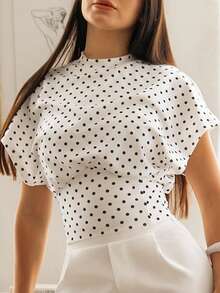 Andrea Bello Women's Polka Dot Fitted Short Sleeve Fashionable Cropped Summer T-Shirt Casual Vacation - White - View 5