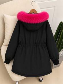 SHEIN Jaket Fleece Tebal Warna Polos Kasual Berkerudung Panjang Sedang untuk Anak Perempuan, Musim Dingin - Hitam - View 3
