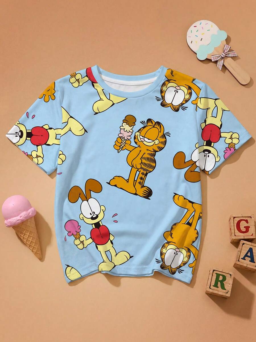 GARFIELD | SHEIN 少女圆领短袖可爱卡通印花全幅T恤,X - 白色 - 查看 1