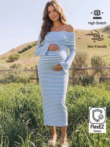 Boho Mama 孕婦度假條紋露肩喇叭袖貼身洋裝 - 藍白色 - 查看 2