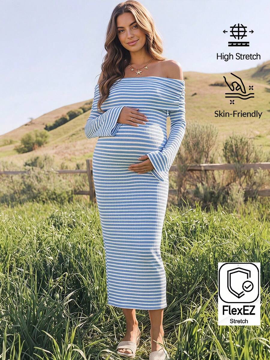 Boho Mama 孕婦度假條紋露肩喇叭袖貼身洋裝