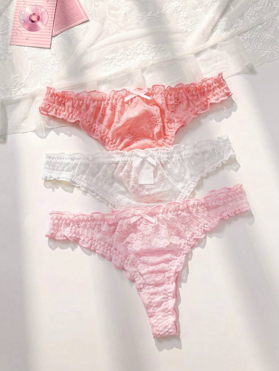 PetitDoll 3件装女士简约性感蕾丝丁字裤 - 彩色 - 查看 1
