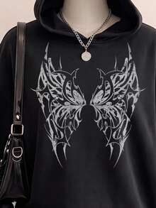 SHEIN EZwear 休閒極簡個性圖案黑色印花連帽長袖寬鬆加厚女款衛衣，秋冬款 - 黑色 - 查看 5