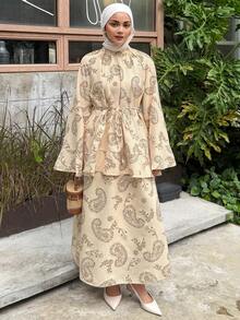 DAZY Setelan 2 Potong Wanita Musim Panas dan Gugur: Atasan Lengan Panjang Model Mengembang dengan Ikat Pinggang dan Motif Aprikot, Dipadukan dengan Rok Panjang - Aprikot - View 4