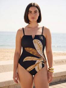 SHEIN Swim Plus Size Women's 2pcs Gold Spaghetti Strap One-Piece Swimsuit With Matching Mesh Maxi Skirt Bikini Set Set Beach Summer - Multicolor - View 4