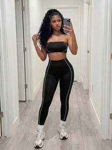 BamGleam Sleeveless Black Micro Crop Strapless Set For Active Lifestyle Strapless Two Piece Set Two Piece Legging Set Workout Set Two Piece Gym Two Sports - Black - View 1