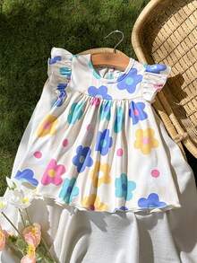 SHEIN Vintaside Kids 2026夏季新款女童彩色碎花荷葉袖洋裝，寬鬆A字娃娃裙，清新滿版碎花圓領公主裙，適合外出與拍照，小女孩夏季穿搭 - 杏色 - 查看 4