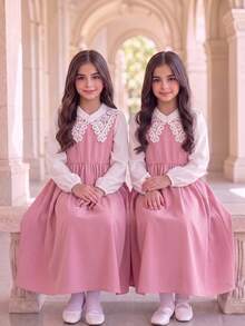 Vestido 2 en 1 casual de moda para niñas en primavera/otoño para volver a la escuela, diseño de patchwork de color contrastante con volantes en el bajo, lazo 3D rojo rosa, vestido maxi de manga larga, estilo elegante y lindo para uso diario en la escuela, vacaciones y sesiones de fotos - Multicolor - Ver 1