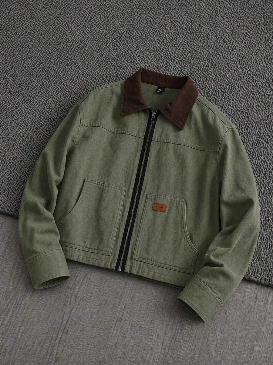 Mainfolk Men's Slim Fit Contrast Color Patchwork Long Sleeve Casual Shacket, Suitable For Autumn/Winter, Vacation, Father's Day Gifts - Army Green - View 1