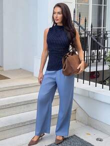 Harriette Anya Women's Casual Commuter Contrast Waistband Straight Leg Pants - Blue - View 3