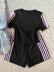SHEIN 青少年女孩休閒對比黑健身夏季T恤套裝 - 黑色 - 查看 3
