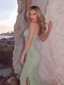 Turnttoni Vestito elegante e romantico estivo verde con volant e spacco, e vestito attillato da donna in pizzo adatto per San Valentino, cena romantica, verde salvia - Verde - Visualizzare 6