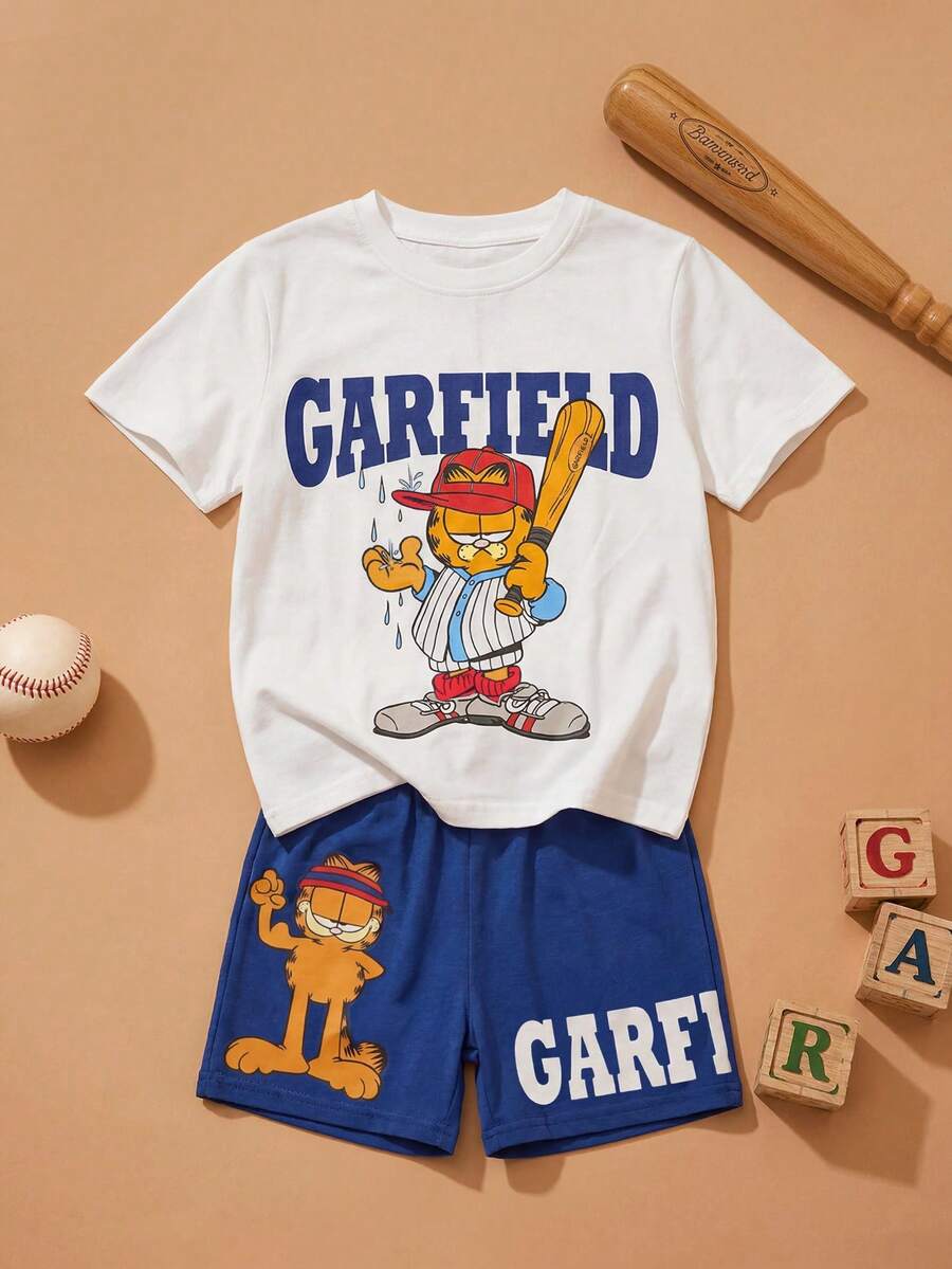 GARFIELD | SHEIN Tween Boy Cartoon Letter Print T-Shirt And Shorts Set - White - View 1
