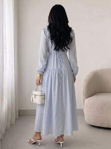 Solavon Women's Solid Color Lantern Sleeve Button Design Elegant Long Dress - Blue - View 4