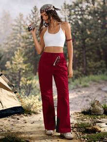 Exploreva Celana Hiking Wanita Warna Polos Pinggang Tinggi Saku Potongan Lurus - Burgundy - View 5