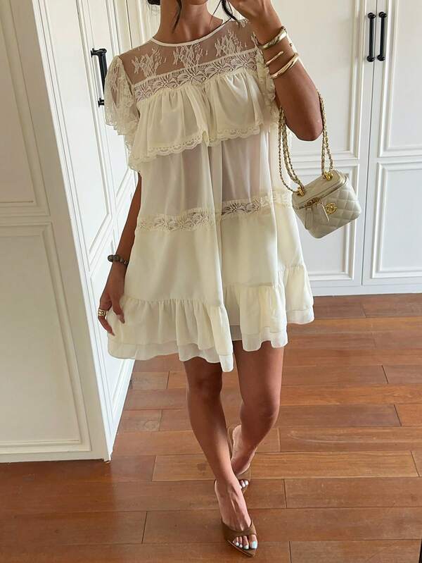 Aloruh Women's Summer White Elegant Sexy Cute Wedding Multi-Layer Lace Patchwork Chiffon Ruffle Puff Sleeve Stacked Back Tie Mini Dress Brunch Tea Party