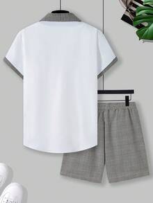 Manfinity Homme 男士拼接千鳥格短袖襯衫與短褲套裝，黑白格紋，夏季休閒修身穿搭，適合城市旅行、夏威夷、正式場合 - 彩色 - 查看 2